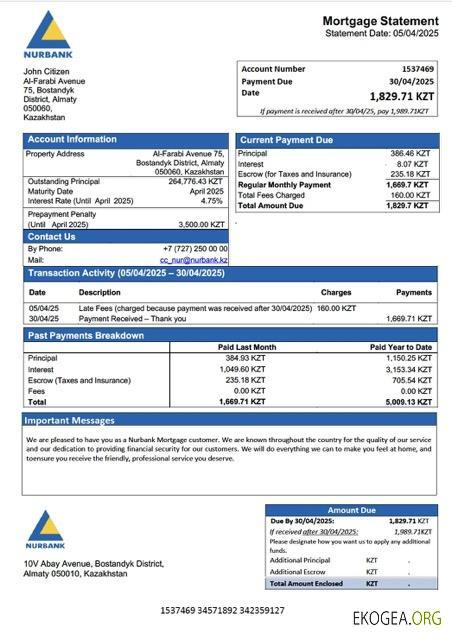 Modèle Word et PDF de relevé hypothécaire de la Nurbank du Kazakhstan